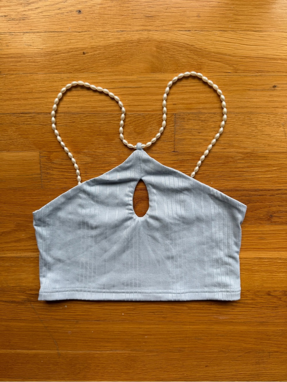 White Fox Light Blue Ribbed Pearl Strap Cutout Tank Top - Size S